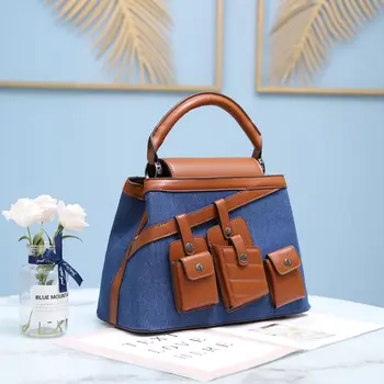 

2020 New Famous Design Shoulder Messenger Bags Colorblock Patchwork Luxury Fashion Women Purse and Handbags Denim Crossbar Bag