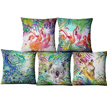 

Hand-painted Watercolor Printed Linen Cushion Cover Animals Plants Flamingo Giraffe Throw Pillowcase Home Decor Sofa Decoration