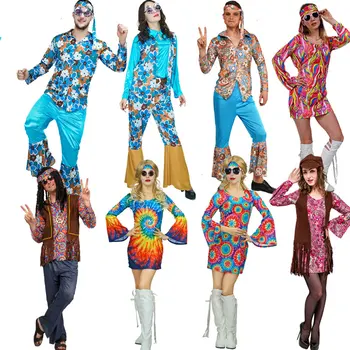 

Christmas Adult Lover 60's70's Hippie Costume Role Play Flower Hippie Cosplay Women&Men Disco Hippie Costume for Purim Party