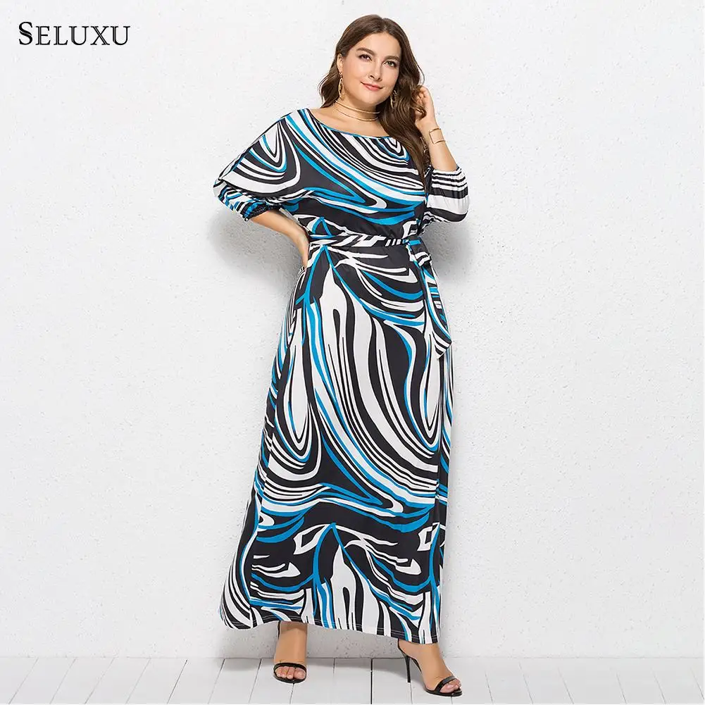 Seluxu осеннее Новое Женское платье большого размера vestidos женское платье с поясом и высокой талией платье в полоску большого размера женское платье