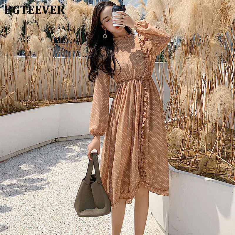 

BGTEEVER Vintage O-neck Irregular Ruffles Women Dress Elastic Waist Dots Female A-line Dress 2019 Autumn Winter Chiffon Vestidos