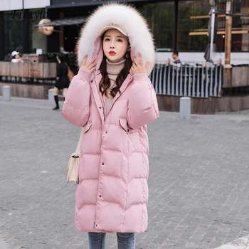 

Fitaylor New Winter Large Natural Fur Collar Jacket Women White Duck Down Long Parkas Warm Hooded Loose Thick Snow Outwear