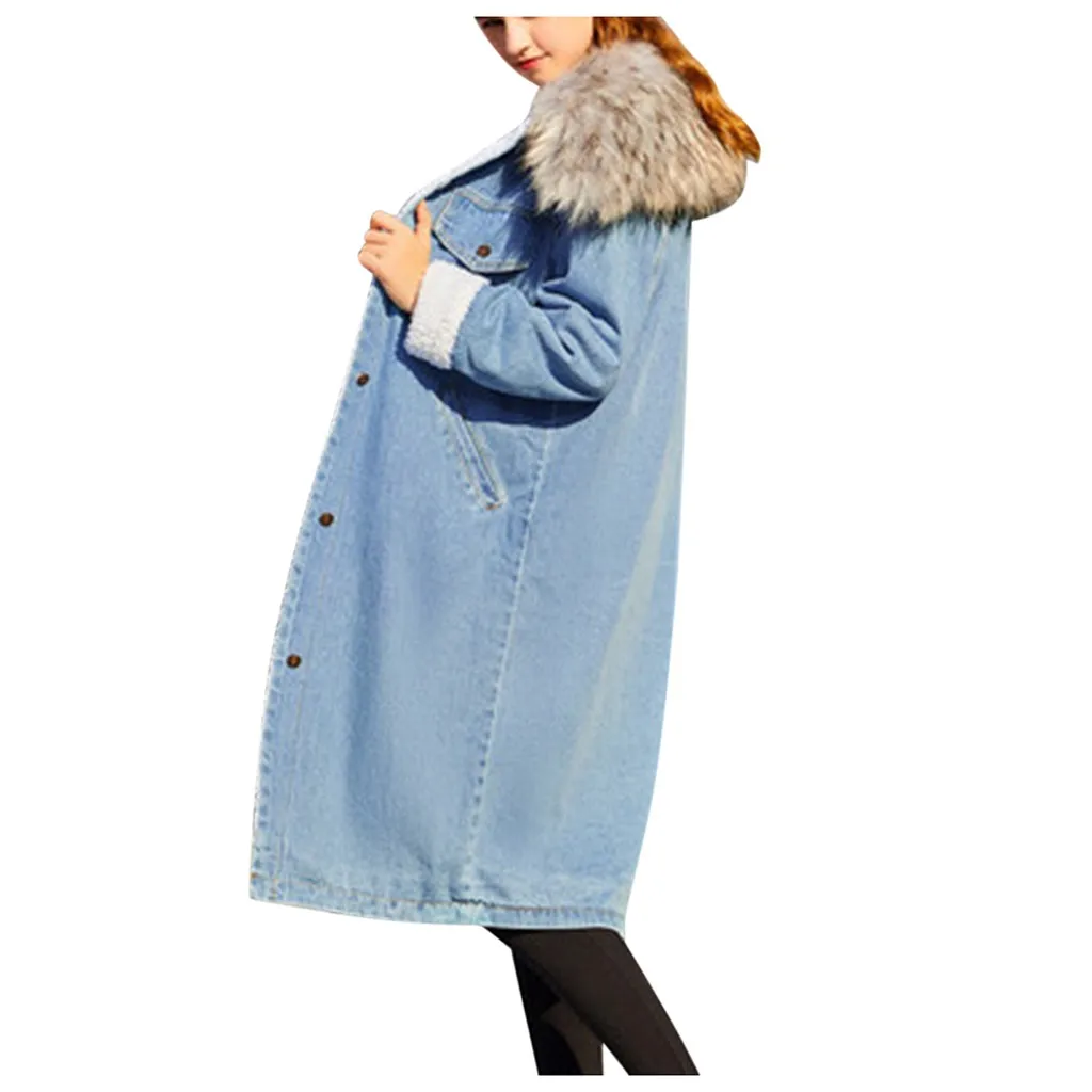 Winter Womens Jean Jacket Thicken Warm Fleece Denim Coat Punk Long Outwear abrigos mujer invierno W1002 - Цвет: Light blue