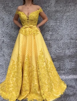 

Yellow Muslim Evening Dresses 2019 A-line Off The Shoulder Appliques Lace Islamic Dubai Saudi Arabia Long Evening Gown Prom