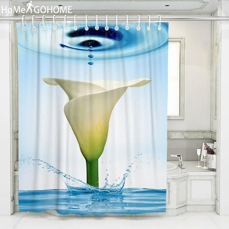 

3D Water Drop Flower Decorative Shower Curtains Eco-friendly Waterproof Polyester Fabric Bath Curtain for Bathroom with Hooks