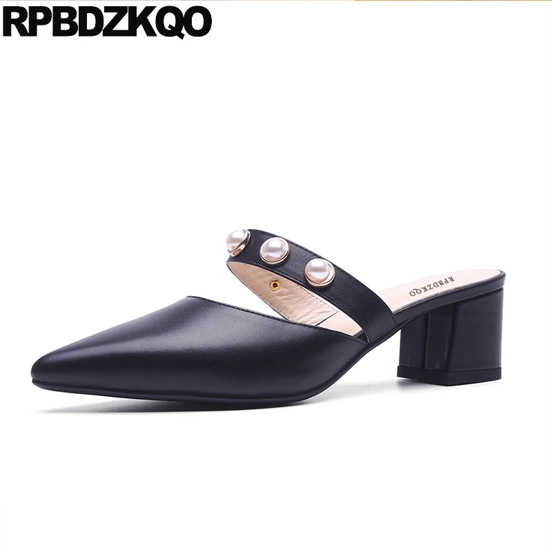 pointed toe medium heels women modern japanese block pumps genuine leather size 4 34 patent shoes black pearl strap mary jane
