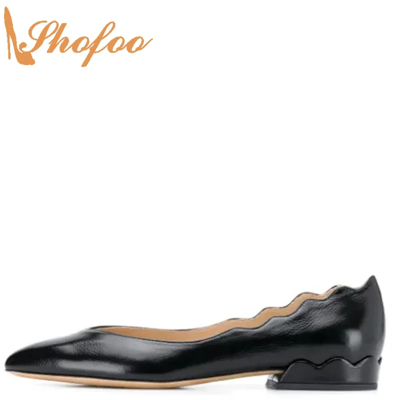 

Black Scalloped Ballet Flats Woman Shoes Pointed Toe Slip On Large Size 12 15 Lady Office Formal Footwear Summer Fashion Shofoo