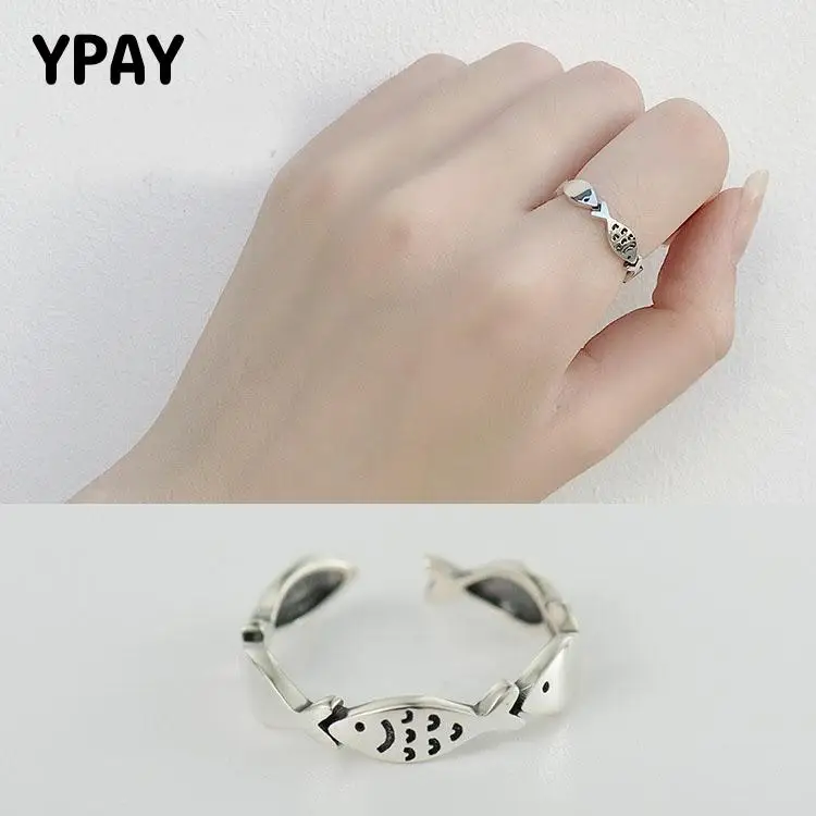 

YPAY Do the Old Vintage Open Rings for Women Solid 925 Sterling Silver Fish Shaped Thai Silver Finger Ring Fine Jewelry YMR103