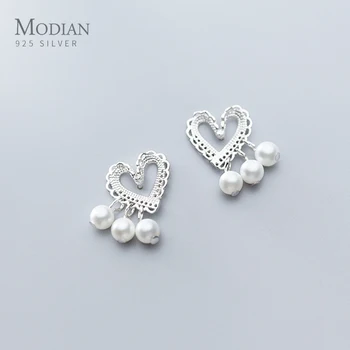 

Modian Authentic 925 Sterling Silver Romantic Lace Hearts Drop Earring for Women Pearls Dangle Earring Korea Style Fine Jewelry