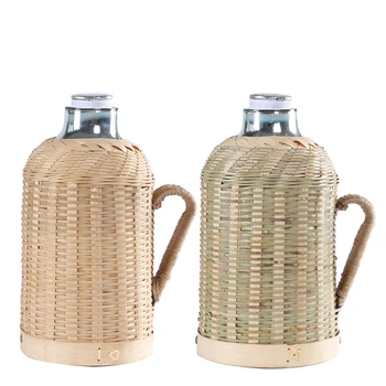 

Handmade Bamboo Weaving Thermos Pot Bottle For Water With Cork Lid Cover And Handgrip Vacuum Flask Keep Warm Glass Inner Large