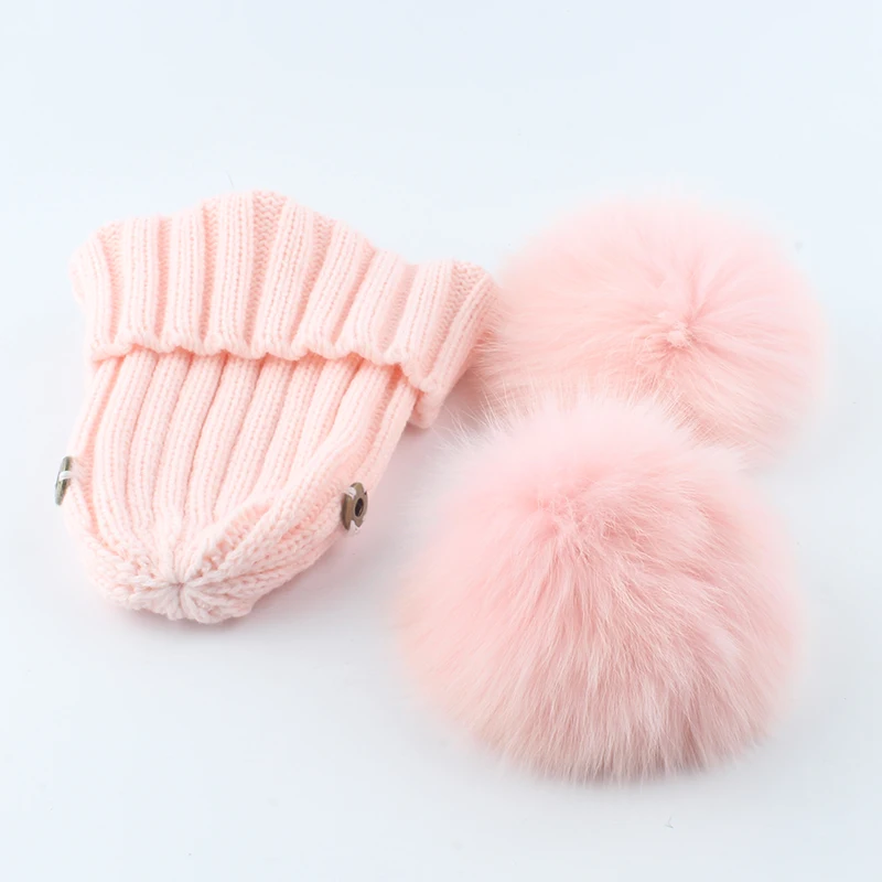 New Winter Hats For Girls Boys Fox Fur Pompom Hat Baby Kids Beanie Double Pompom Fur Hat Children Knitting Hat Skullies