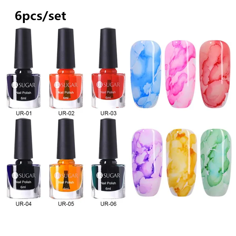 6pcs set Ur Sugar 6 мл акварельные чернила лак для ногтей Цветущий УФ-гель эффект дыма смазывающийся пузырьковый лак для творчества маникюрный декор дизайн ногтей салонный набор - Цвет: 6pcs set
