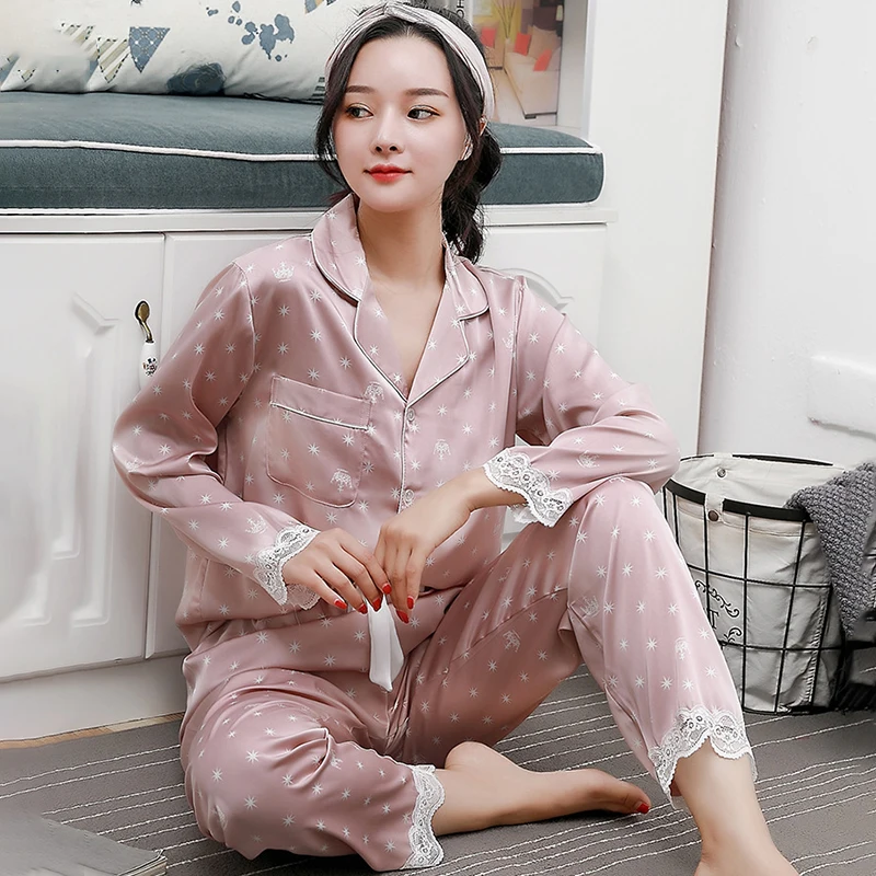 Women Sexy Lace Pajama Ice Silk Pyjama Sets Autumn Winter Sleepwear Suits Long Sleeve Casual Homewear Lapel Button 2Pieces Print
