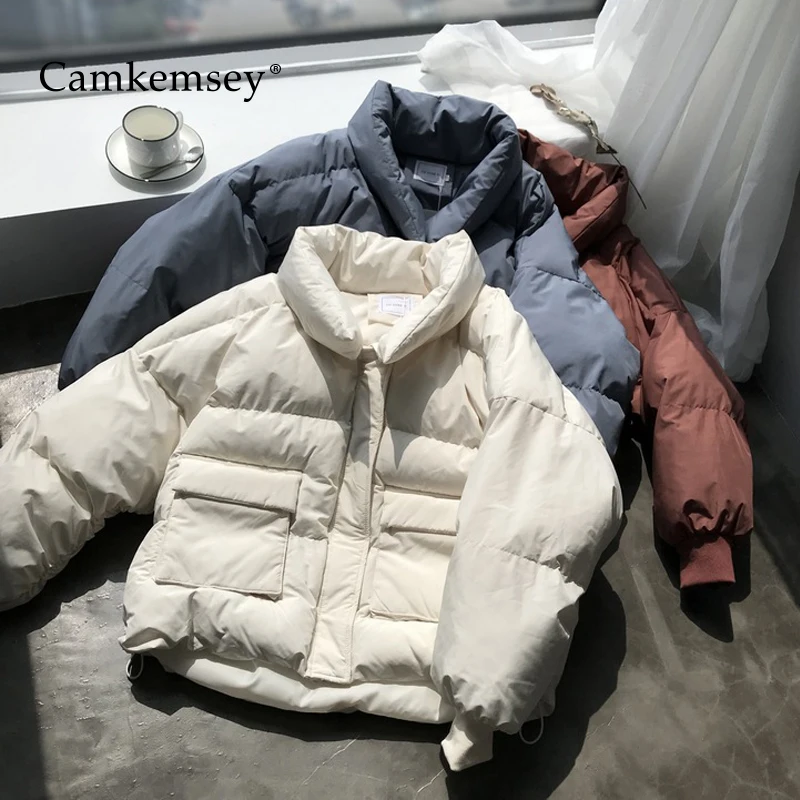 CamKemsey Winter Coats Women Fashion Big Pockets Stand Collar Thick Warm Down Cotton Padded Loose Winter Parkas Coats