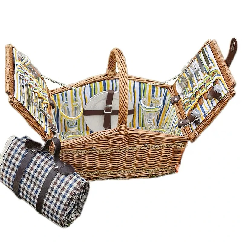 Vintage Family Home Storage Box willow Wicker Picnic Basket with Picnic Mat,as Best Holiday Gift