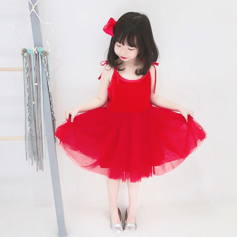 

Tk19011d R/R Girls' Shirt Adjustable Shoulder Strap Velvet Gauze Elegant Ballet Dress Tutu Strapped Dress