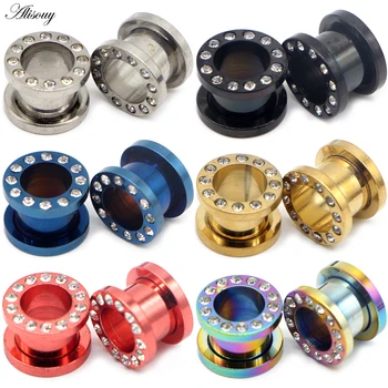 

Alisouy 2pcs Steel Paved Crystal Gem Ear Piercing Tunnel Gauge Colorful Screw Fit Ear Flesh Plugs Ear Expander Piercing Jewelry