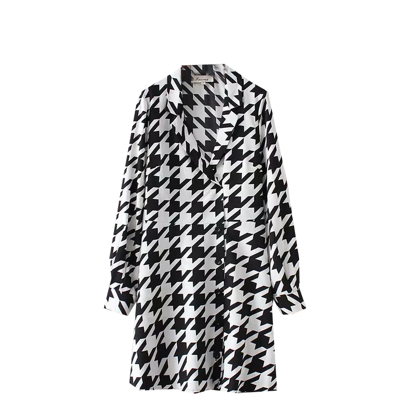 

QZ325 Women Vintage Design Notched Neck Houndstooth Print Mini Dress Retro Long Sleeve Autumn Vestidos
