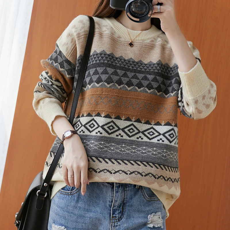

OFTEN LOVE 2020 Women Vintage Pullover and Sweaters Winter Loose Style Striped Pull Jumpers Korean style Knitwear Casual Tops