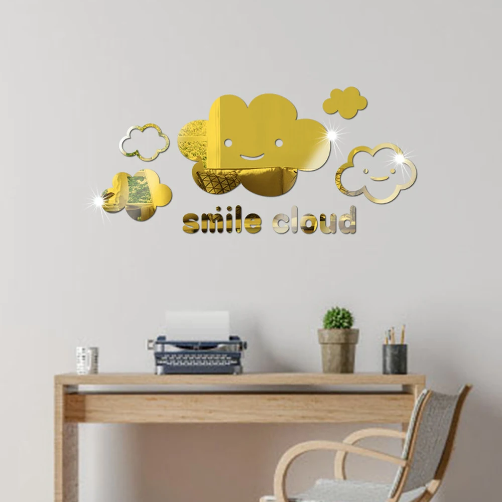 

Unique Design Smiling Cloud Cute Cartoon Acrylic High Quality Mirror Wall Sticker Wardrobe Study Room Wall Home Decoration