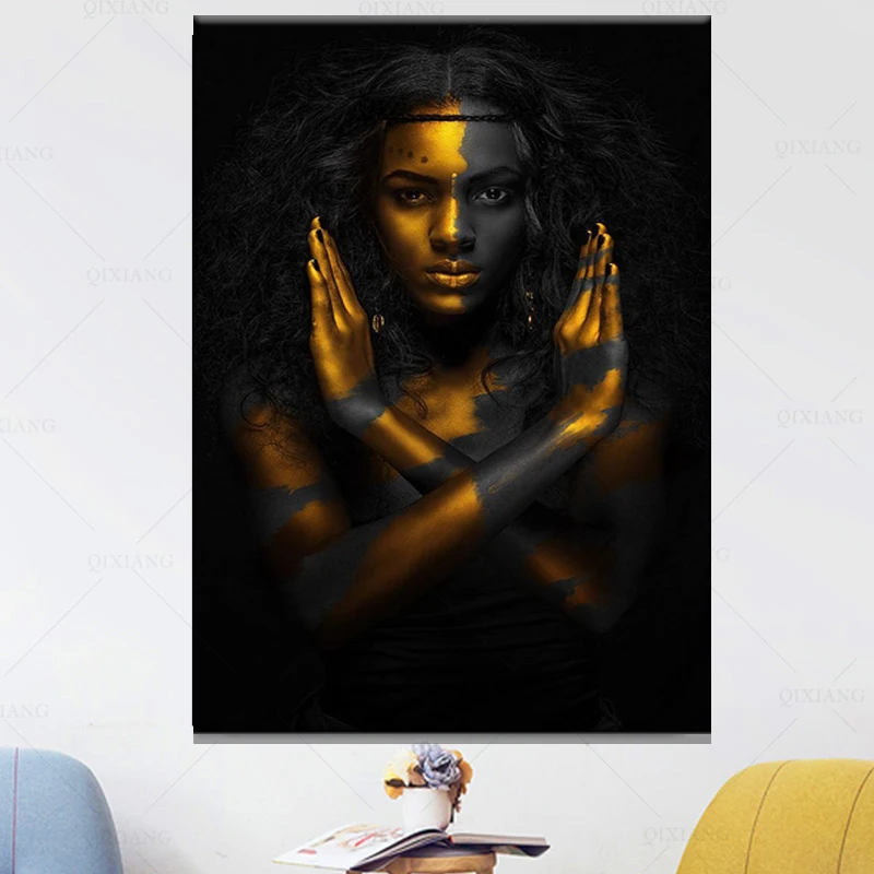  Cuadro de figura moderna de piel negra para mujer, arte de pared  dorado, lienzo, pintura, pósters, sala de estar, decoración del hogar,  obras de arte de 15.7 x 23.6 in (16