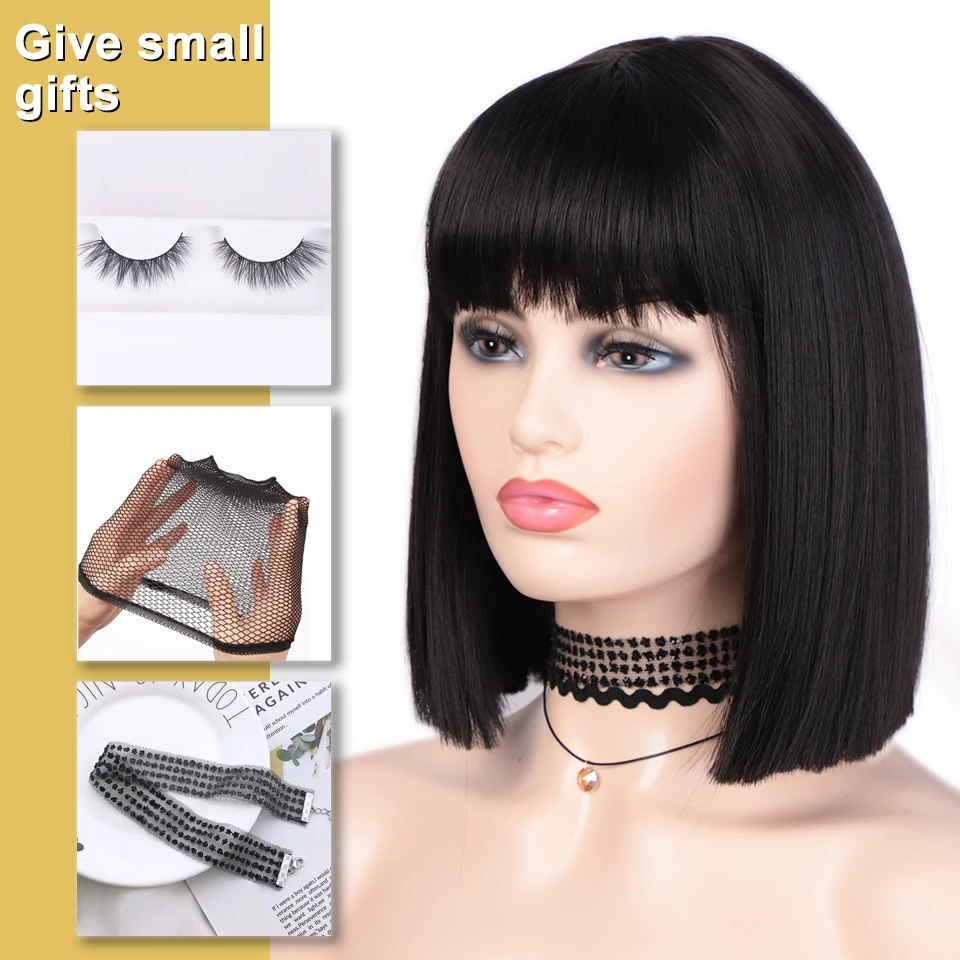 

Vigorous Black Straight BOb Wigs With Bangs Medium Length Hair Bob Wig Synthetic Heat Resistant bobo Hairstyle for Women