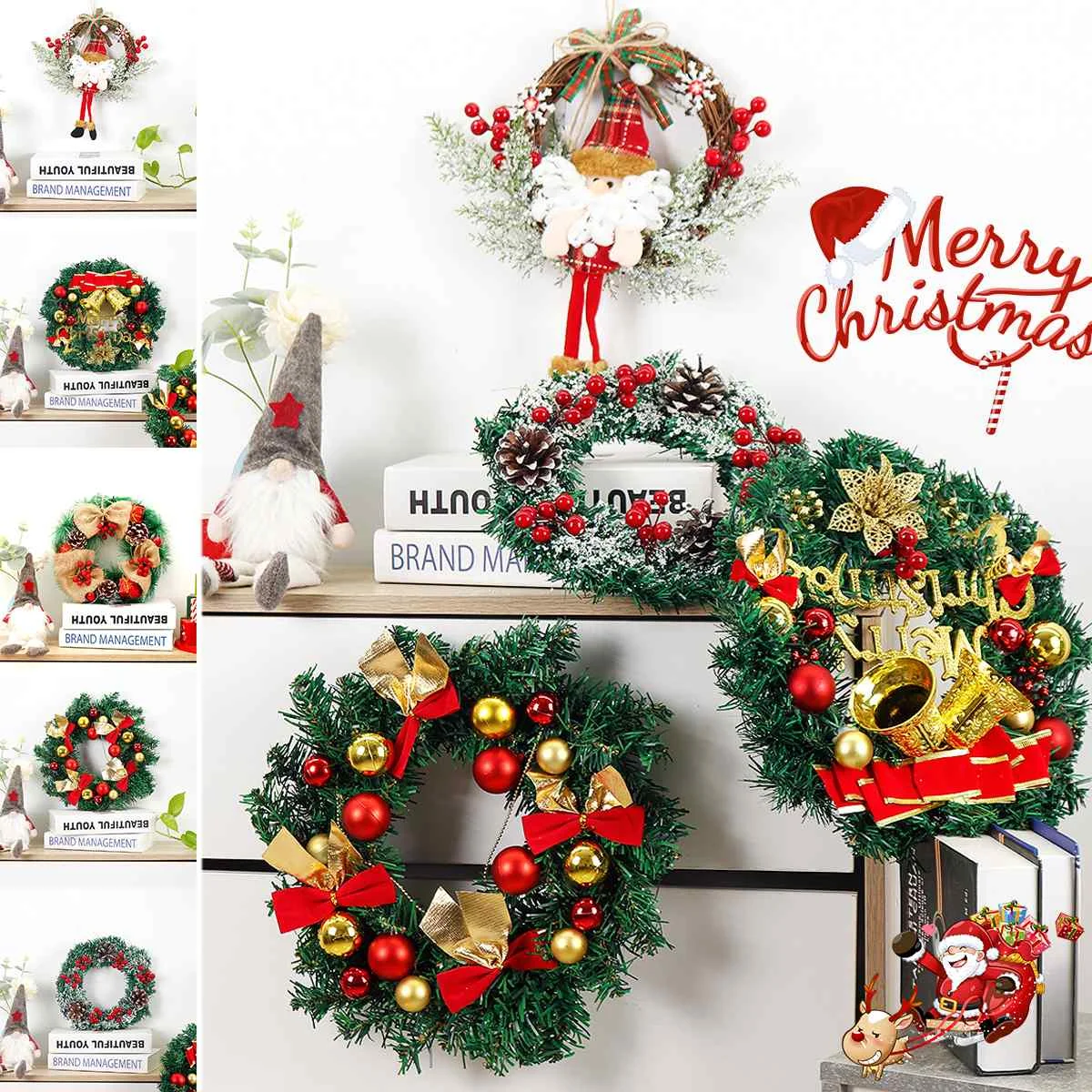 

Искусственный Рождественский венок, красочный красивый венок на стену, окно, дверь, венок для входной двери вечерние Праздничная гирлянда, декоративные части, окно магазина