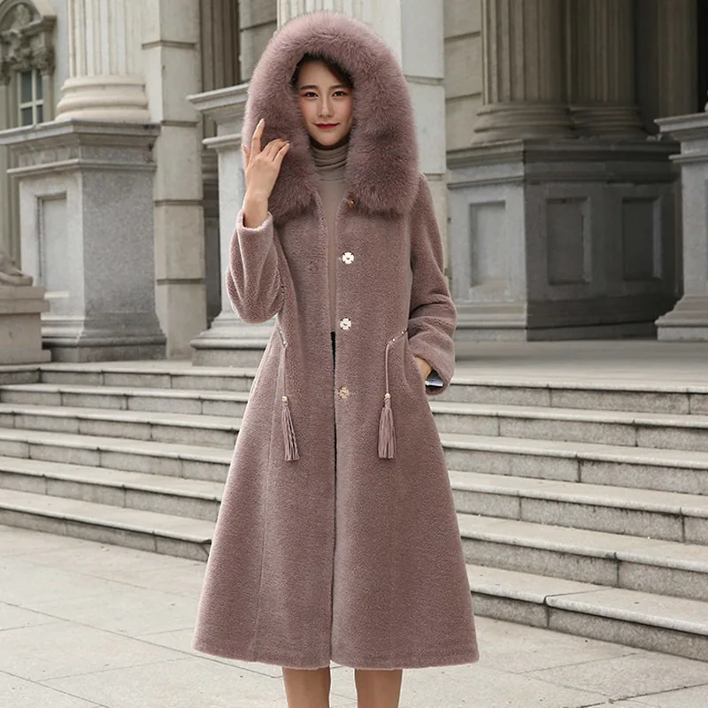 

Real Fur Coat Female Winter Natural Fox Fur Hooded Jacket Women Korean Long Sheep Shearing Coats Vintage 100% Wool Jacket LW1929