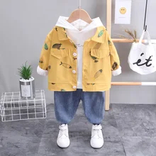 Children Clothing 2021 New Spring Autumn Boys Long-sleeve Hooded Sweater Short Print Jacket Jeans Casual 3Piece Baby Boy Clothes