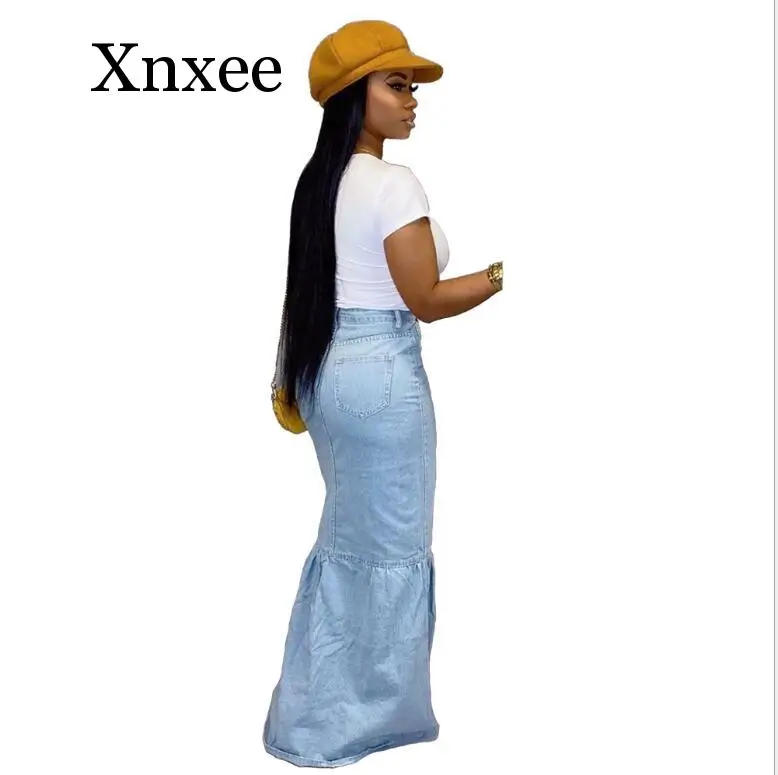 Blue Casual High Waist Long Denim Skirt Women Elegant Front Button Maxi Jean Skirt Fashion Ladies Light Blue Ruched Skirt plus