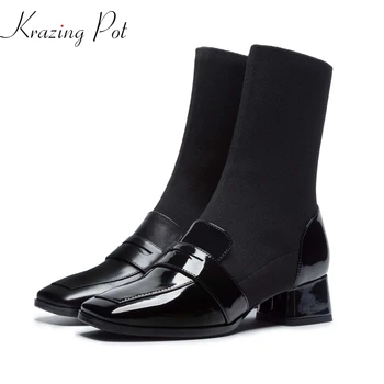 

krazing pot superstar genuine leather med heel western cowboy boots squara toe slip on black color knitting mid-calf boots l05