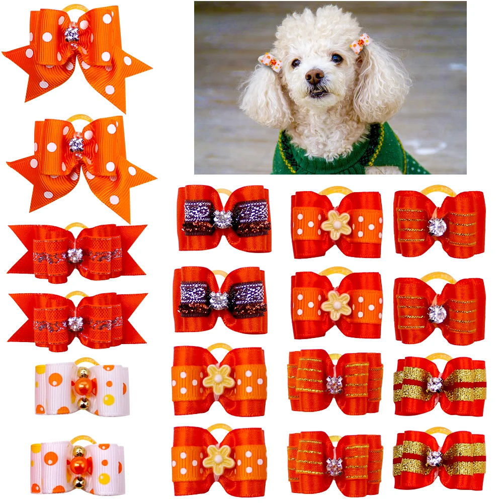 10pcs/lot Hand-made Small Hair Bows For Dog Rubber Band Cat Hair Clips Boutique Valentine's day Pet Dog Grooming Accessories 3