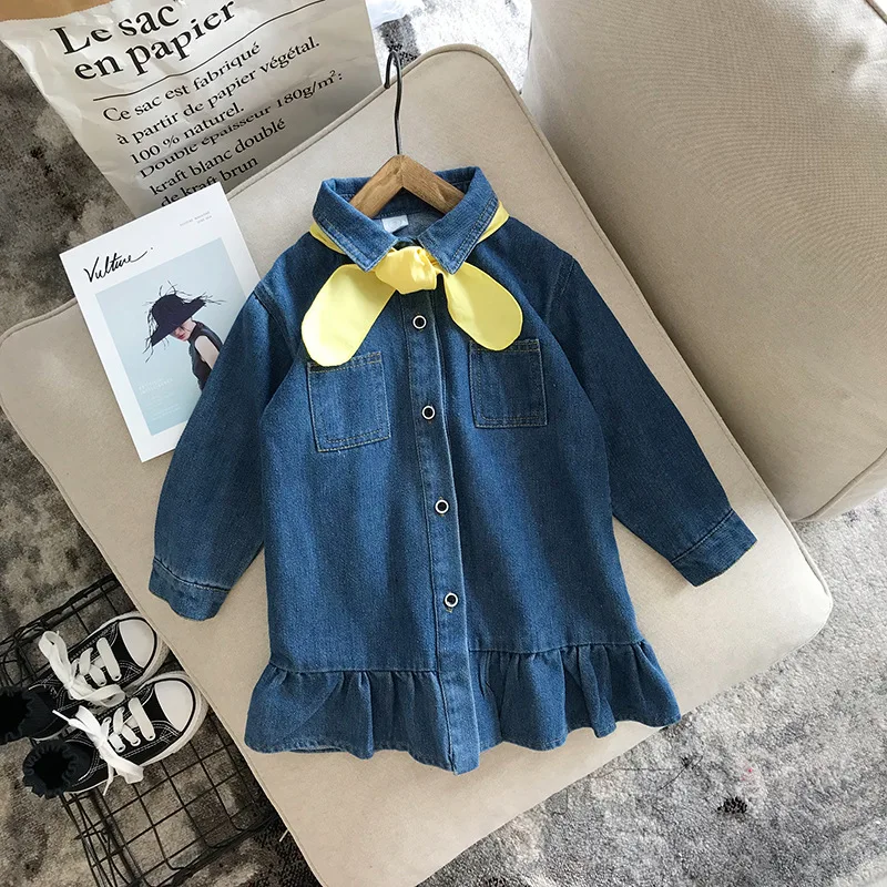 

Girls Jeans Dress Long Sleeve Casual Cute Dress for Baby Girl Outfits Navy Spring Clothes New 2018 Children Clothing with tie