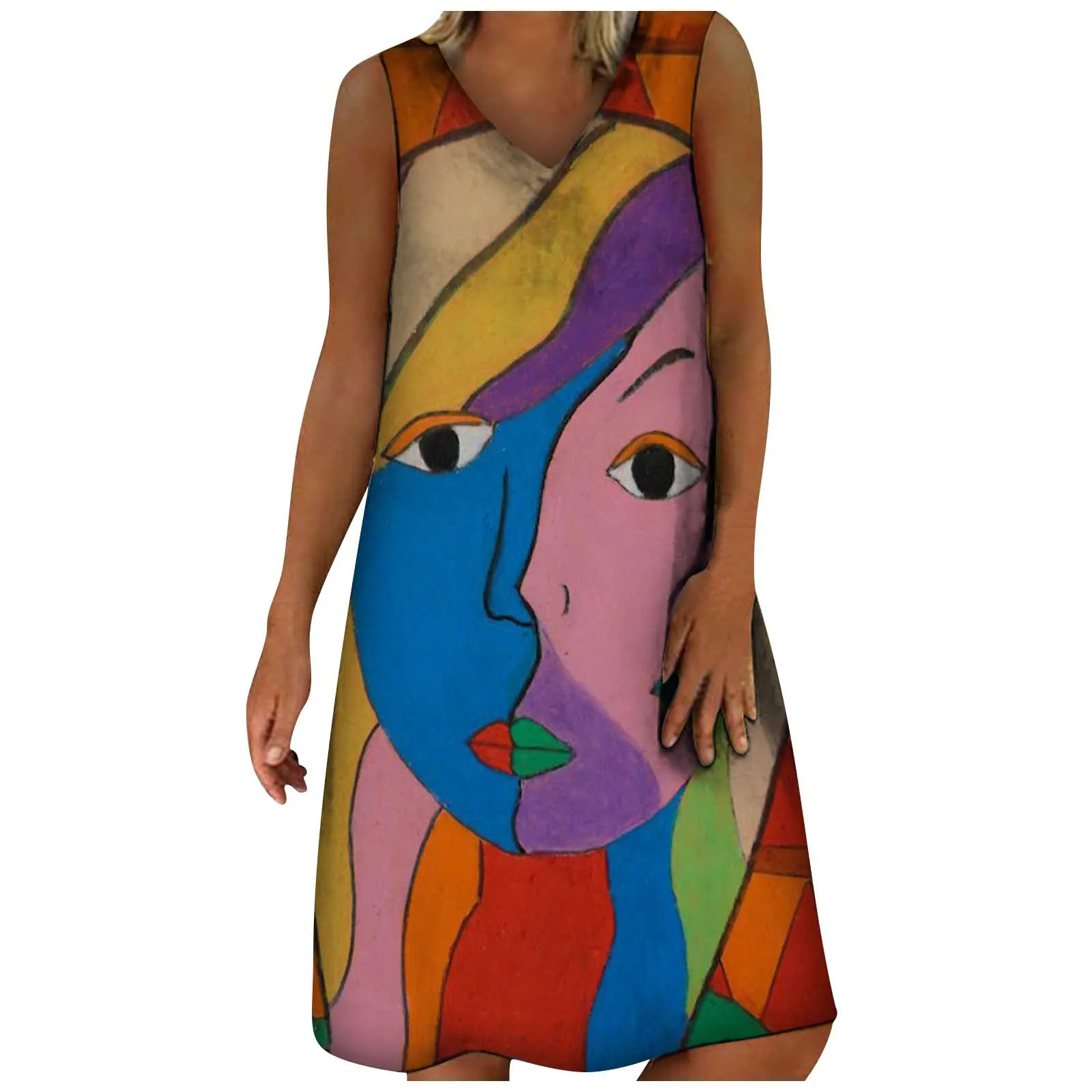 2021 Women Clothing Summer V-neck Abstract Print Sleeveless Plus Size Pullover Long Dresses Elegant Leisure Dresses Платье 9