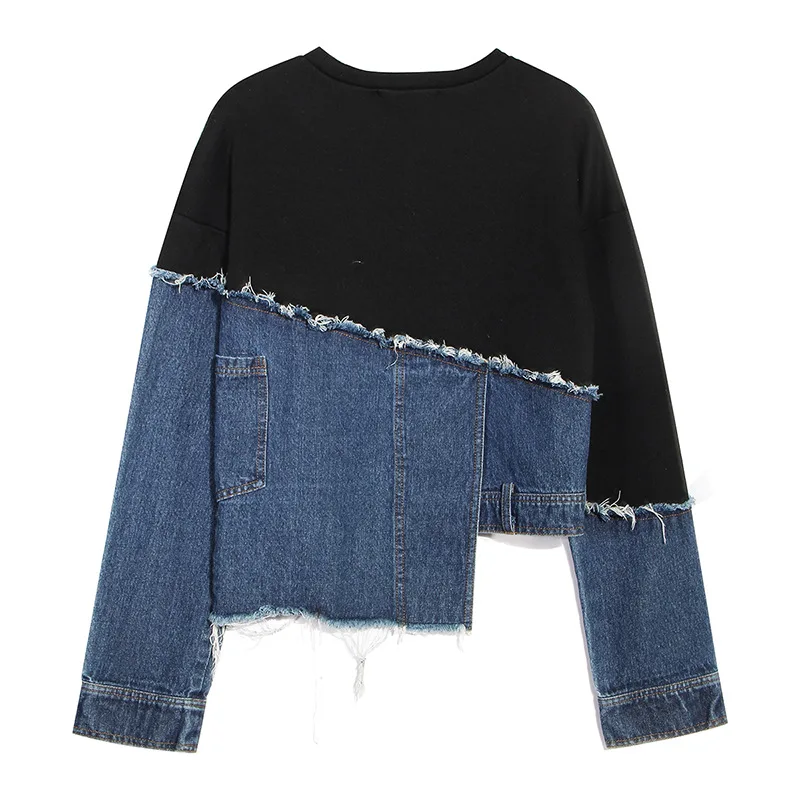 

Outerwear 2020 New Personalized Asymmetric Wash Denim Panel Loose Large Casual Fleece Black Sweatshirt Women