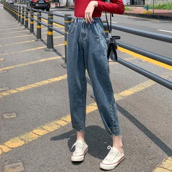 

2020 Blue Jeans Women High Waist Harem Denim Pants Korean Style Vintage Pleated Loose Ankle-Length Pants Streetwear