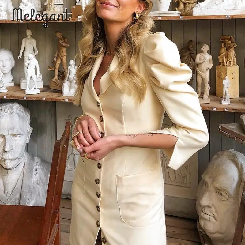 

Melegant Straight Mini Sexy Women Dress Vintage Party Dresses Female Retro Button Puff Autumn Winter 2019 Dress Vestidos