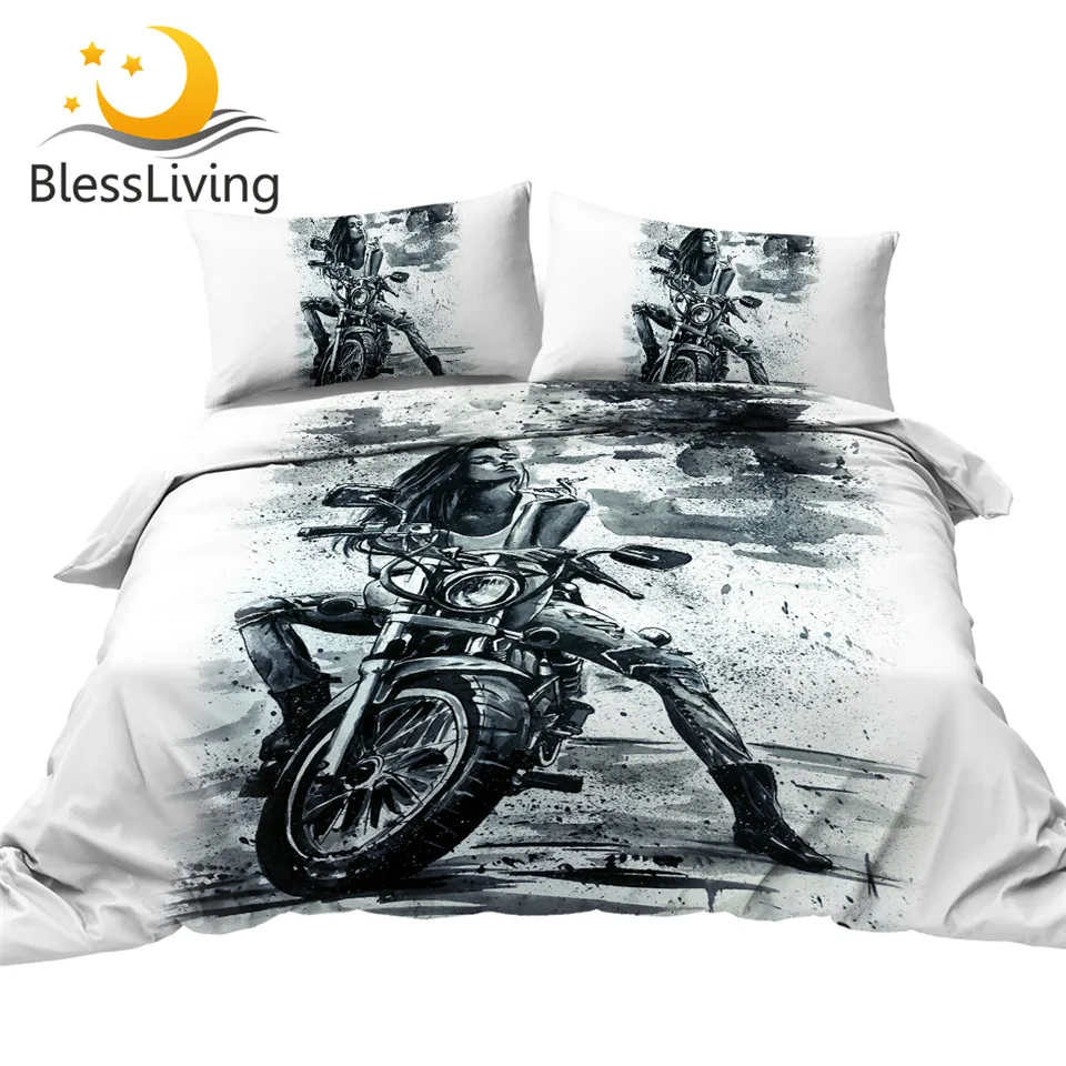 

BlessLiving Motorcycle Bedding Set Cool Girl Duvet Cover for Adults Ink Painting Bed Covers 3pcs Modern Artwork Bed Set Dropship