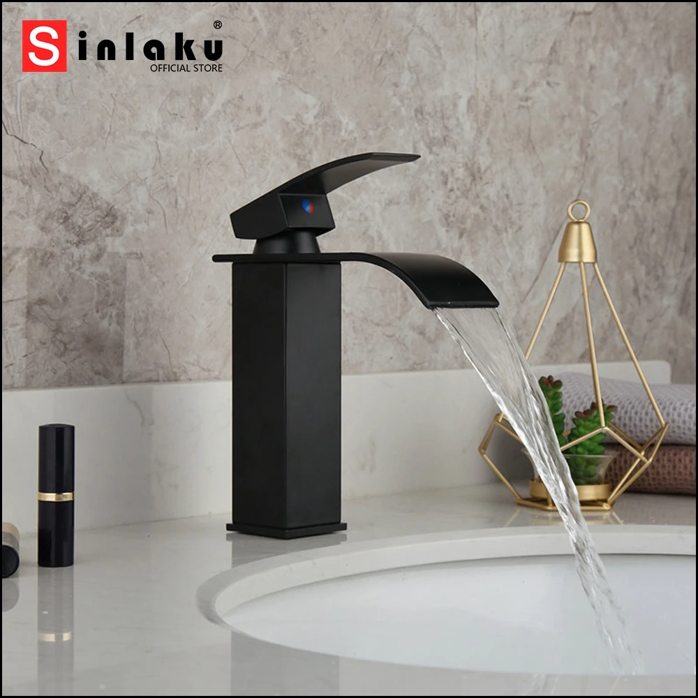 

SINLAKU Matte Black Bathroom Basin Faucet Wash Sink Taps Waterfall Spout Deck Mounted Hot Cold Water Single Handle Mixer Faucet