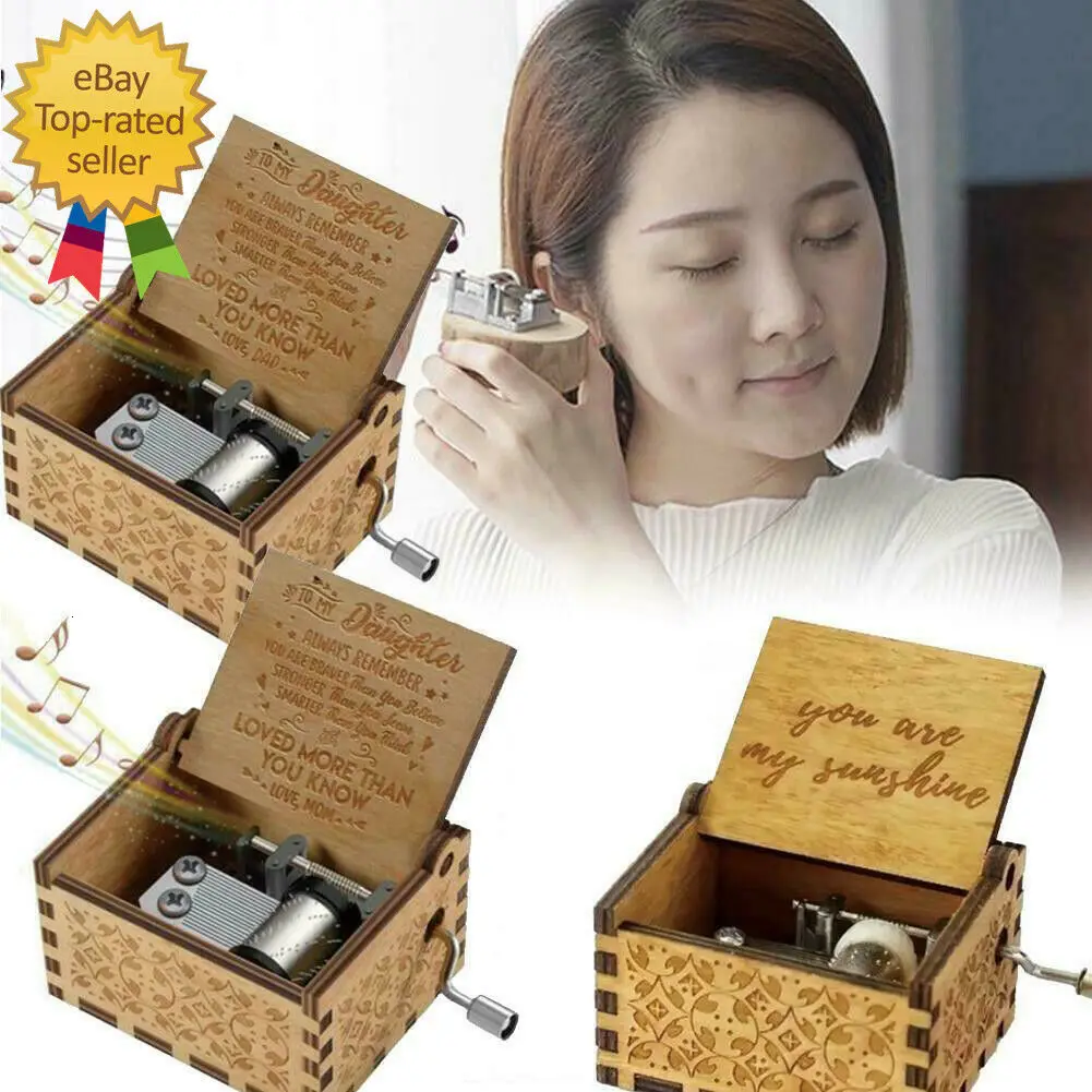 Mini Wooden Hand Engraved Music Box Fun Toys Kids Gifts you are my sunshine