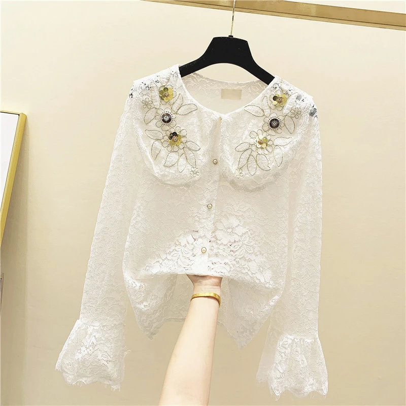 

Retro Transparent Doll Collar Lace Shirt 2020 Spring New Sequined Embroidered Bell-Sleeve Shirt Blouses Womens Tops and Blouses
