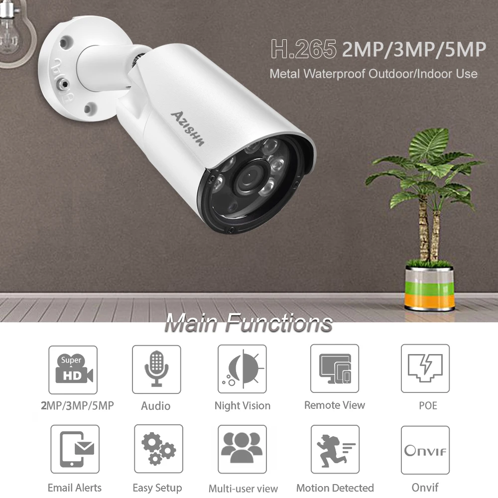 IP камера AZISHN H.265 + 5 Мп/3 Мп/2 Мп ONVIF аудио 6 ИК ночного видения металлическая IP67