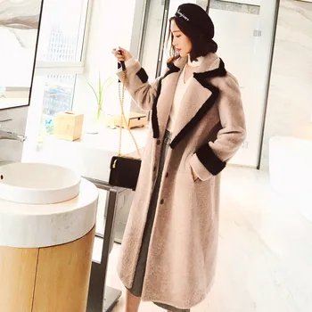

latest winter ladies Korean version of the large size straight tube imitation sheep shearing long coat women