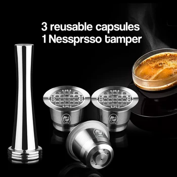 

ICafilas 4pcs/Sets Stainless Metal Reusable For Nespresso Capsule with Press Coffee Grinds Tamper Espresso Coffee Maker