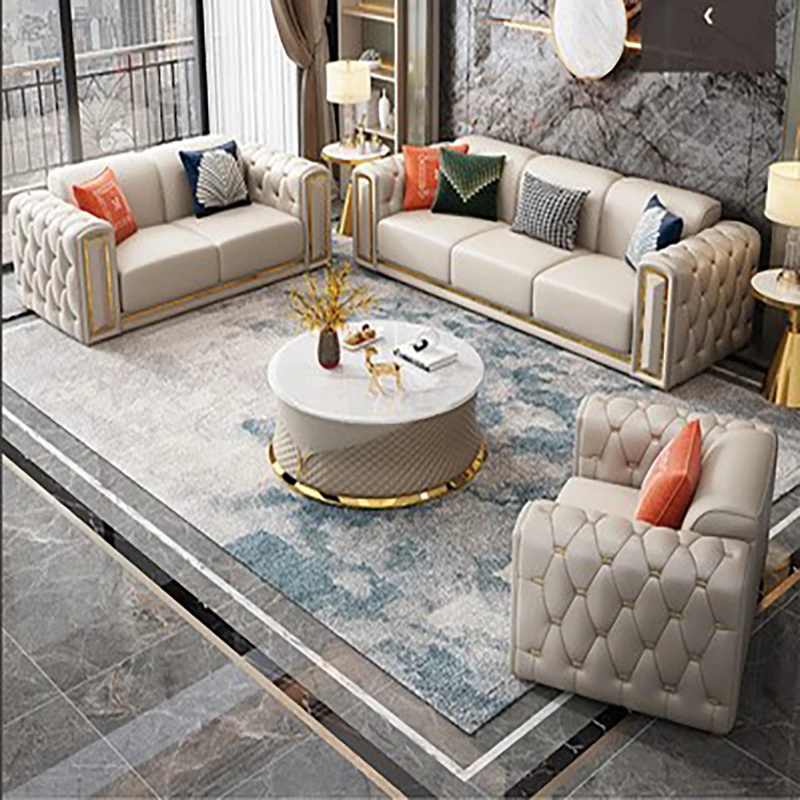 

Italian minimalist post-modern Italian luxury villa unit American living room light luxury leather sofa combination furniture
