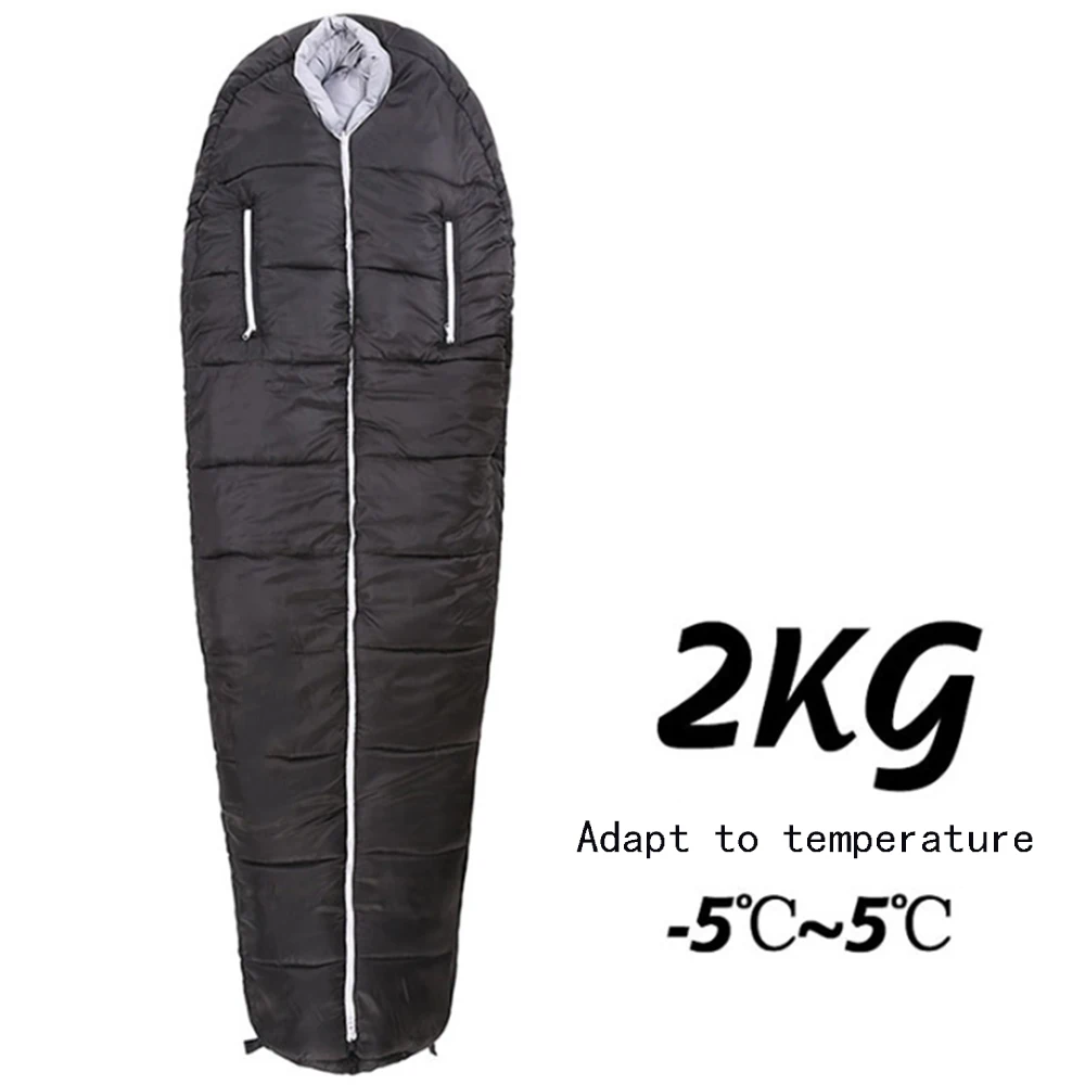 Mummy Can reach out hand Windproof outdoor thickening waterproof warm adult spring autumn winter camping sleeping bag - Color: Black