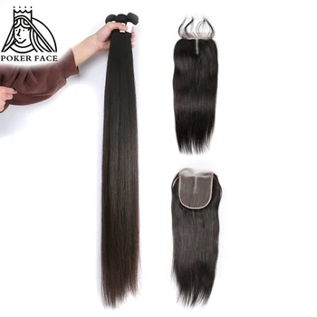 

Poker Face 28 30 40 inches Straight Hair 3 4 Bundles With Closure Brazilian Hair Weave Bundles And Closure 100% Human Hair Remy
