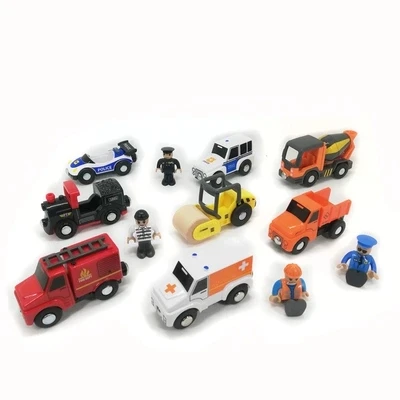 Деревянная игрушка-трек, аксессуары для сцены, маленький поезд, Полицейская машина, пожарная машина, городской автомобиль, инженерный автомобиль, совместимый бренд, магнитный автомобиль