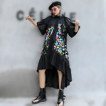 

Fire Sequined Joli Colourful Dress Women Summer Cool Dress Flare Sleeve Fit Hollow Out Shoulder Turn-down Irregular Ruffles Hem