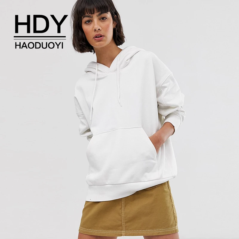 

HDY Haoduoyi Fashion Autumn Solid Simple Casual Slim Stylish Leisure Kangaroo Pocket H-type Loose Long Sleeve Hooded Sweatshirt